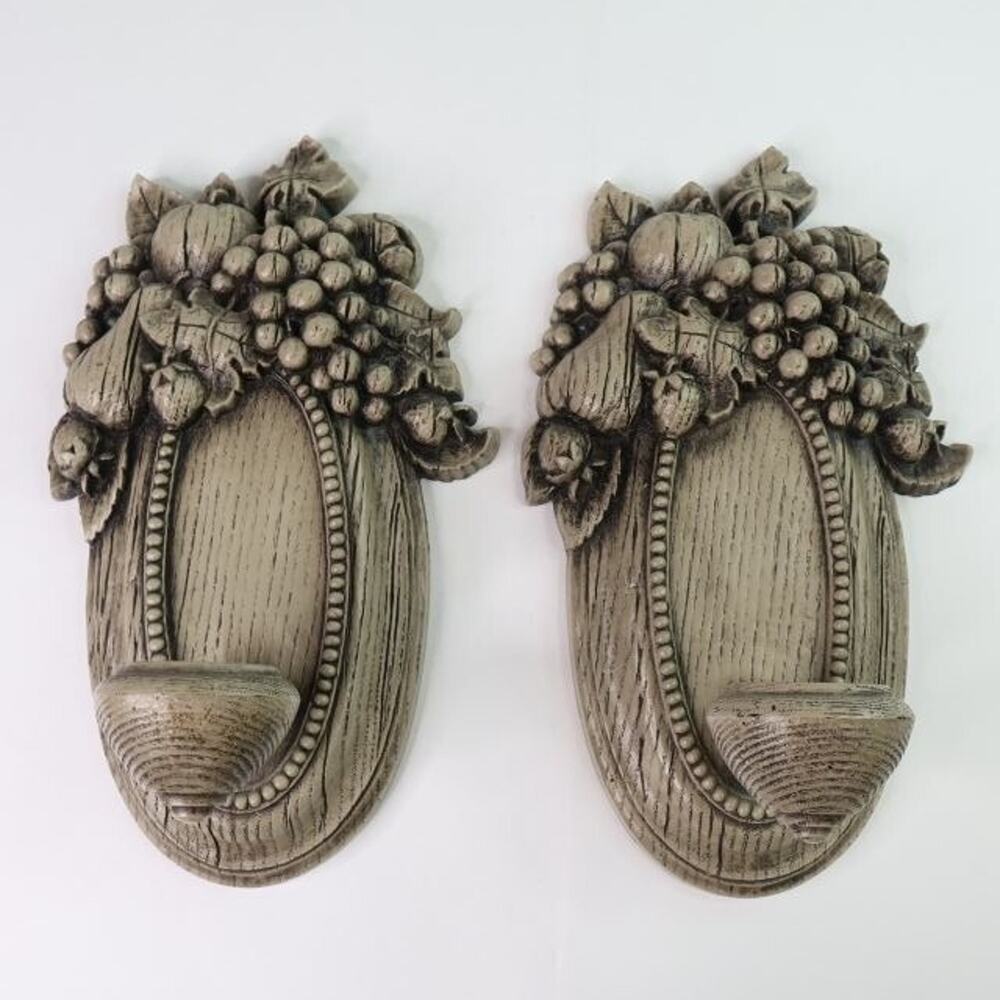 2 Vintage Homco Wall Sconces Fruit Grapes Candle Holder 70's Home Decor